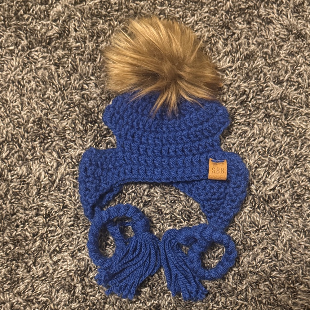 Darling Blue Dog Knit Hat with Pom Pom